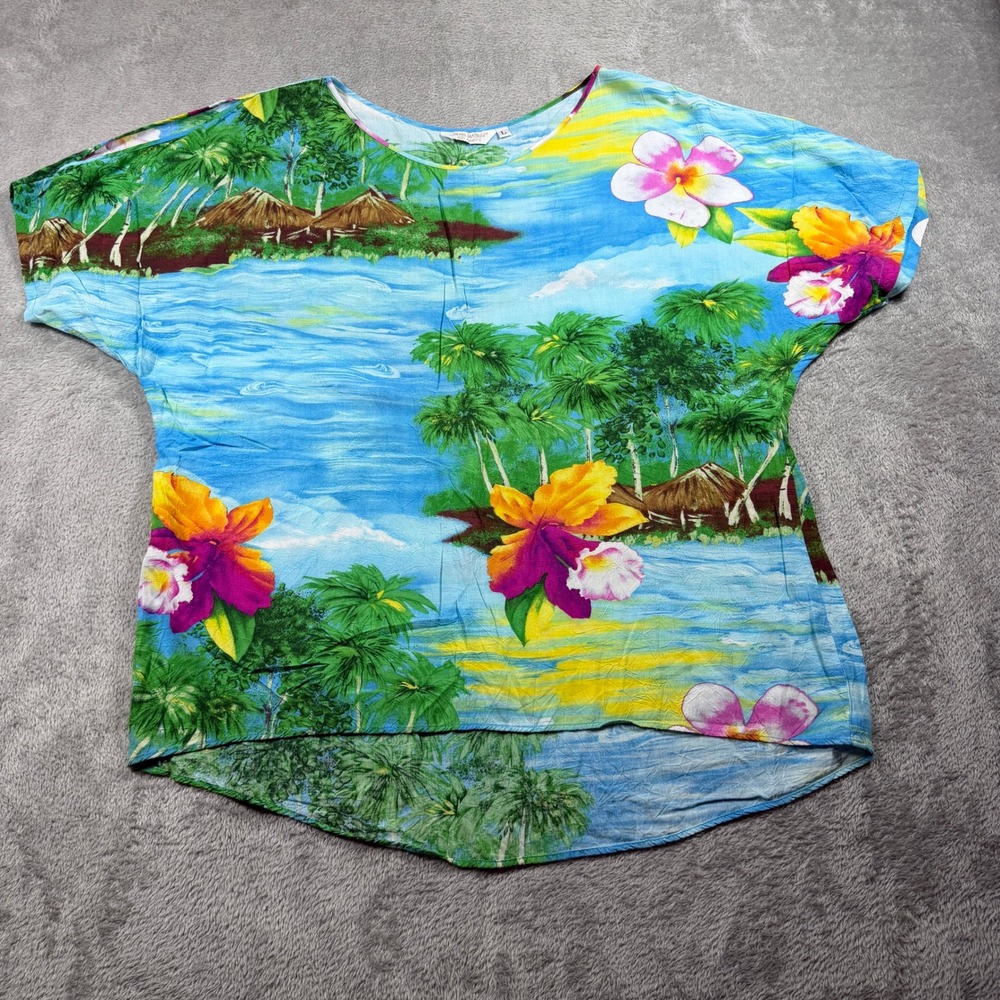 Jams World Top Women‎ Large Blue Orchid Island Hawaiian Tropical Floral Print